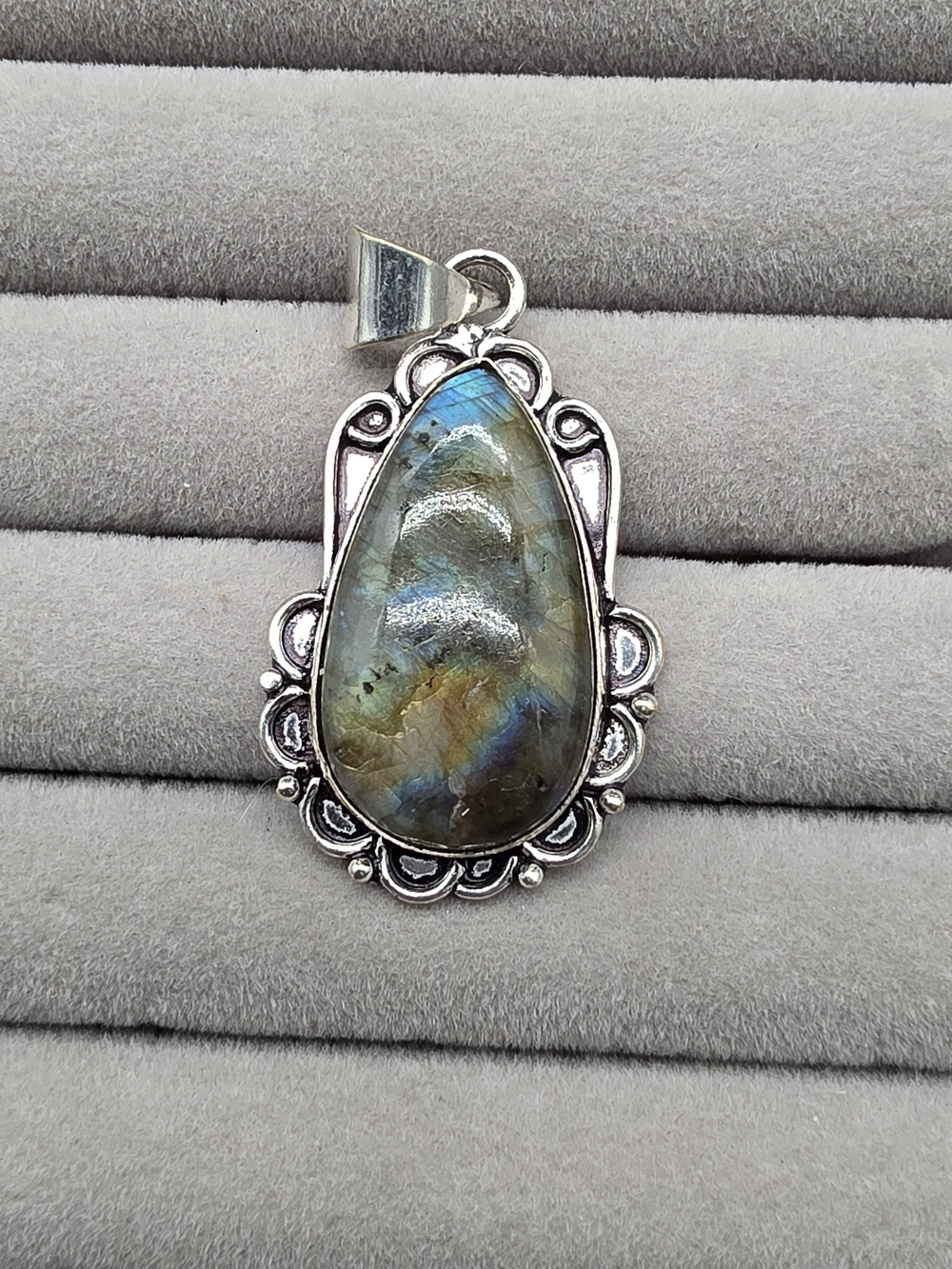 Silver Plated Labradorite Teardrop Pendant - Iridescent Blue-Green